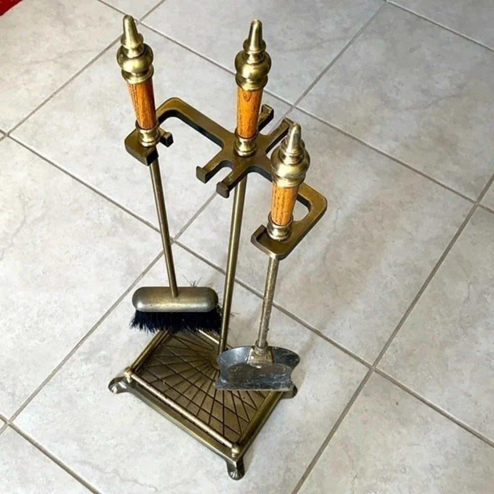 Gorgeous Vintage 3-Piece FIREPLACE TOOL Set Shovel, Base, and Brush